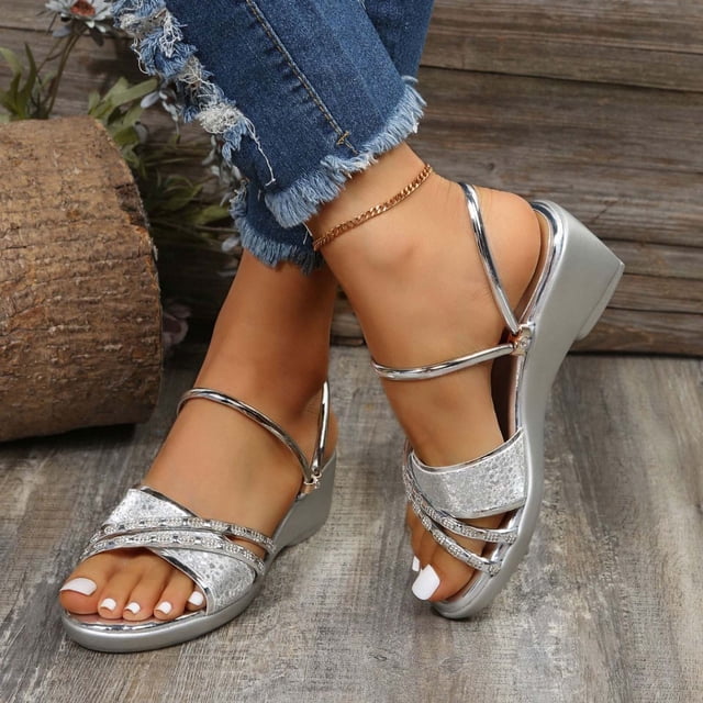 Xysaqa Summer Wedge Sandals - Sparkling Ankle Strappy Open Toe Beach Party Sandals For Women Boho Rhinestone