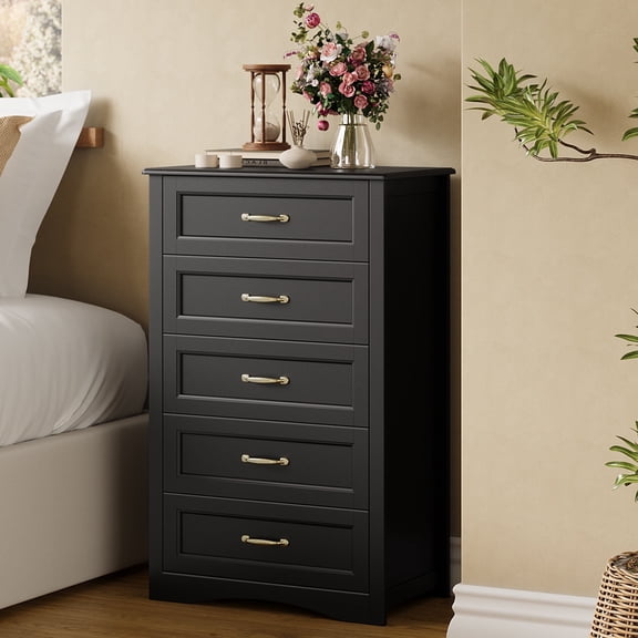 Asofer 5-Drawer Black Dresser Cabinet with Metal Handle, Sturdy Wood Chest for Bedroom, Living Room