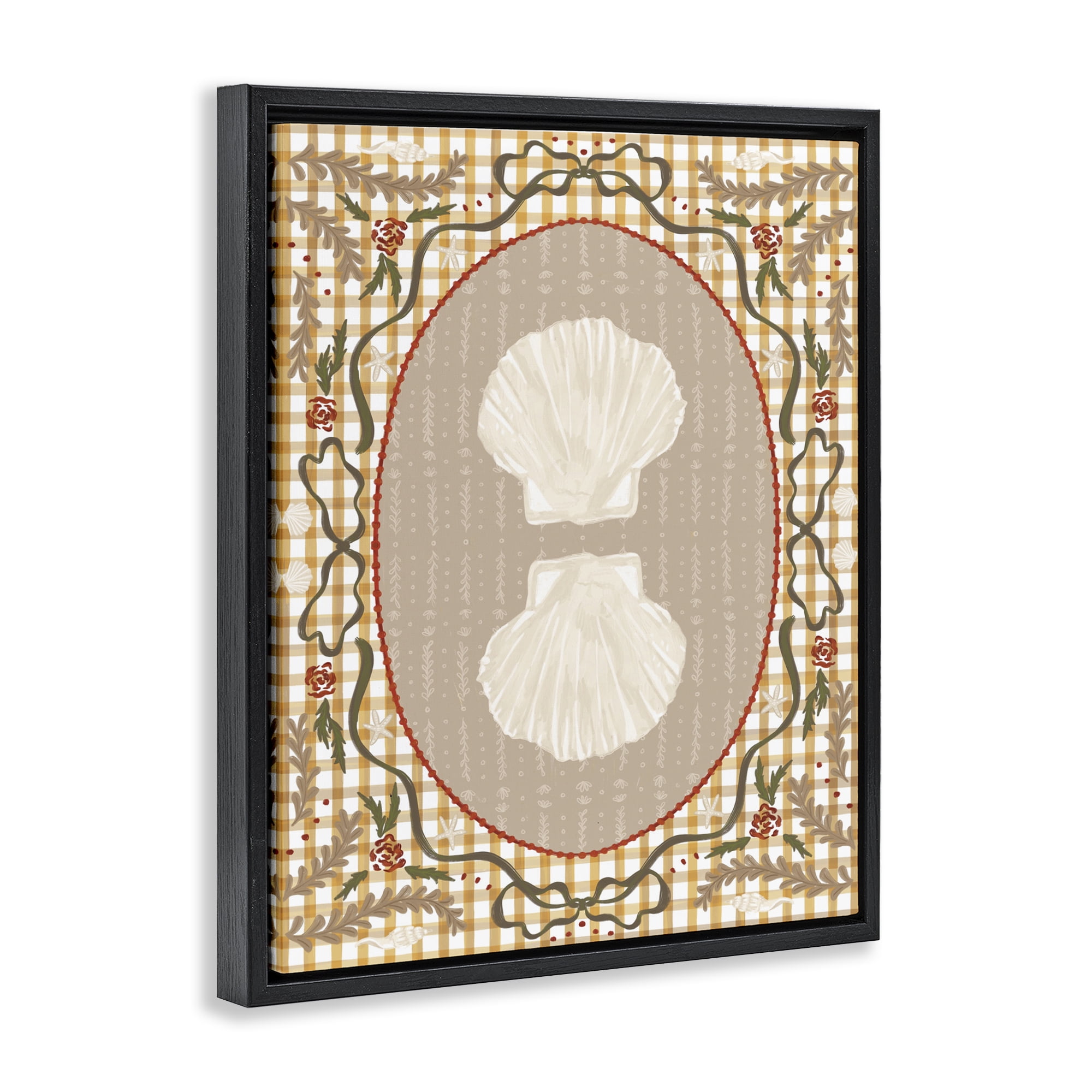 Stupell Industries Vintage Shells on Gingham Black Framed Floater Canvas Wall Art, design by Vero Illustrates