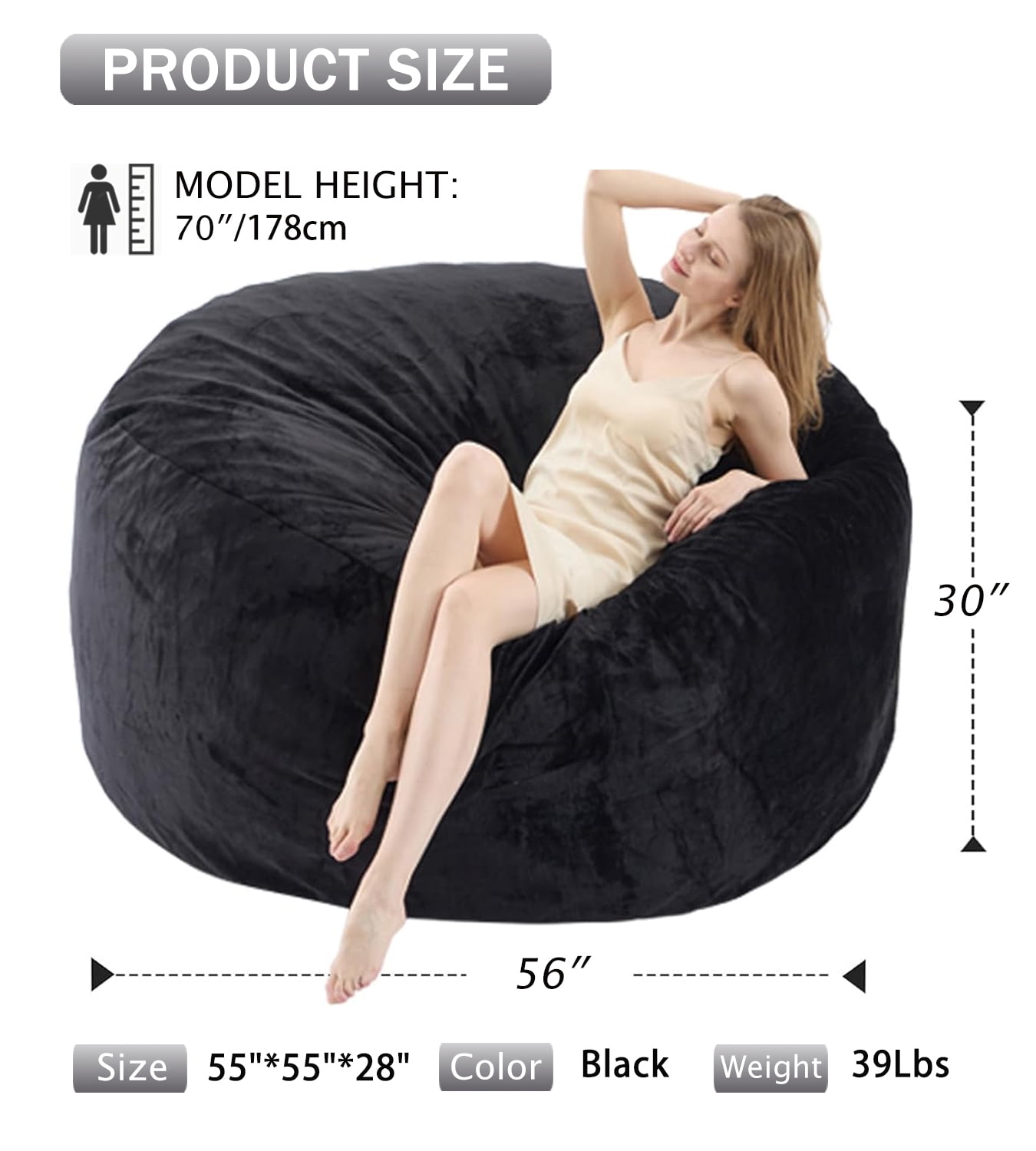 VIREO Bean Bag Chair - 5FT Memory Foam Filler Beanbag Chair with Removable and Washable Cover, Chairs for Living Room Black