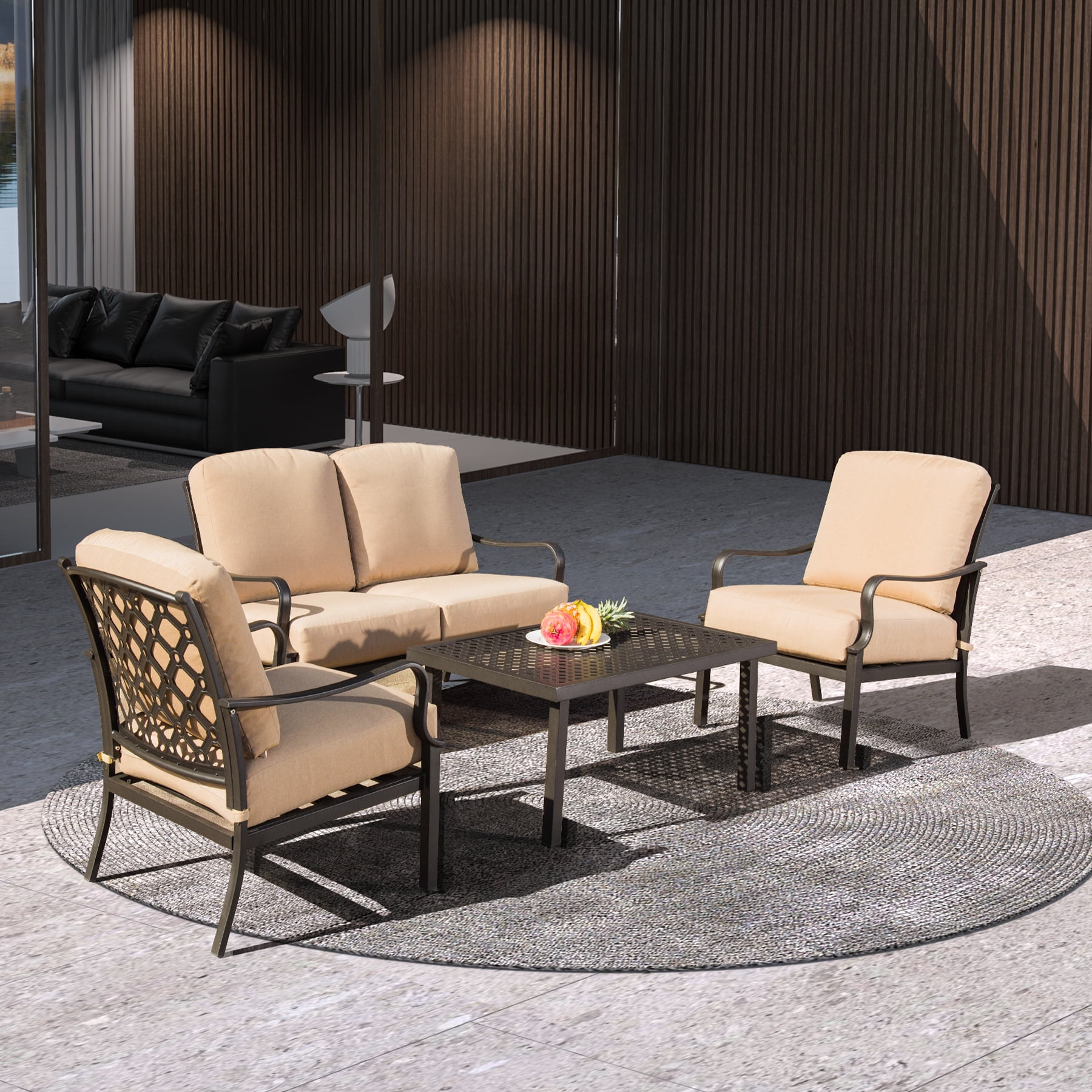 Domi Patio Conversation Set of 4, Cushioned Outdoor Furniture Sets with All Weather Galvanized Steel Frame (Spring Coil Seat Cushion) -Beige