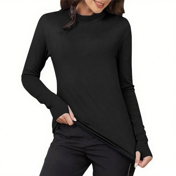 FNFHFY Women's Long Sleeve Shirts Fall Mock Neck Fitted Underscrubs Fashion Basic Thermal Underwear Tops Slim Fitted Winter Clothes with Thumb Hole