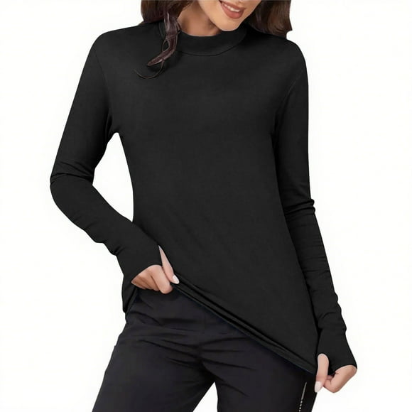 BLVB Women's Fleece Lined Thermal Shirts Mock Neck Tops Winter Warm Long Sleeve Base Layer Tops with Thumb Hole