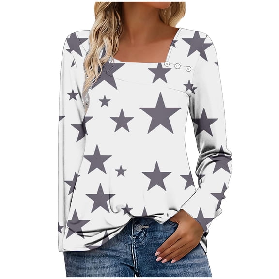 ZQUUVOU Women's Star Print T-Shirts Long Sleeve Asymmetrical Button Collar Loose Casual Graphic Tops Streetwear White