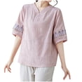 thumbnail image 2 of Womens Tops 2025 Plus Size Cotton and Linen Solid Color Button Half V-neck Shirt Short Sleeved V-neck Shirt, 2 of 6