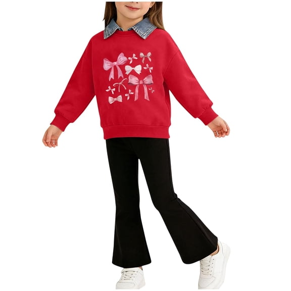 DAETIROS Girls 2 Piece Outfit Set Comfy Bow Print Top & Flare Pants Kids Girls Matching Set Casual Everyday Playwear Red Sizes 2T-8,Size 5-6 T
