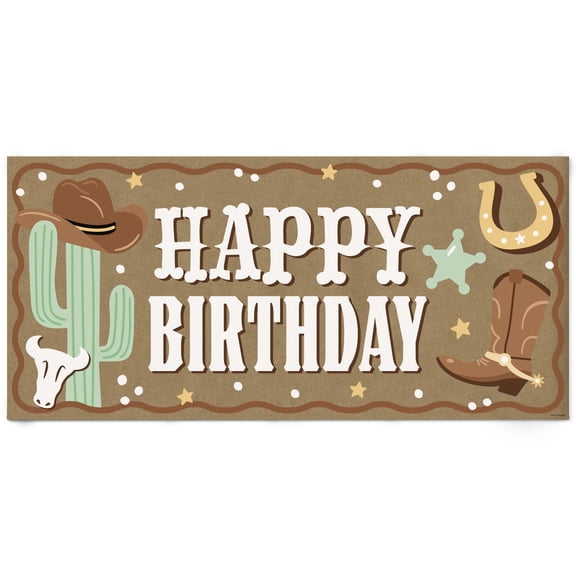 Big Dot of Happiness Western Hoedown Birthday Kraft Paper Banner, Wild West Cowboy Happy Birthday Party Banner, Printed Brown Paper Party Sign Decoration – 1 Count