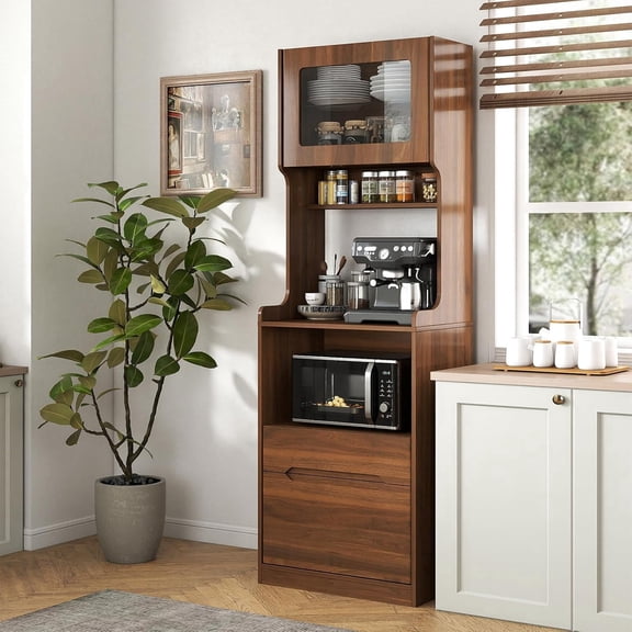 Coffee Bar Cabinet with Storage Kitchen Hutch Cabinet with Countertop 24'' Wide Pantry with Flip-up Glass Door Hutch with Drawer 71" Tall Wine Bar Cabinet for Dining Room Farmhouse Walnut