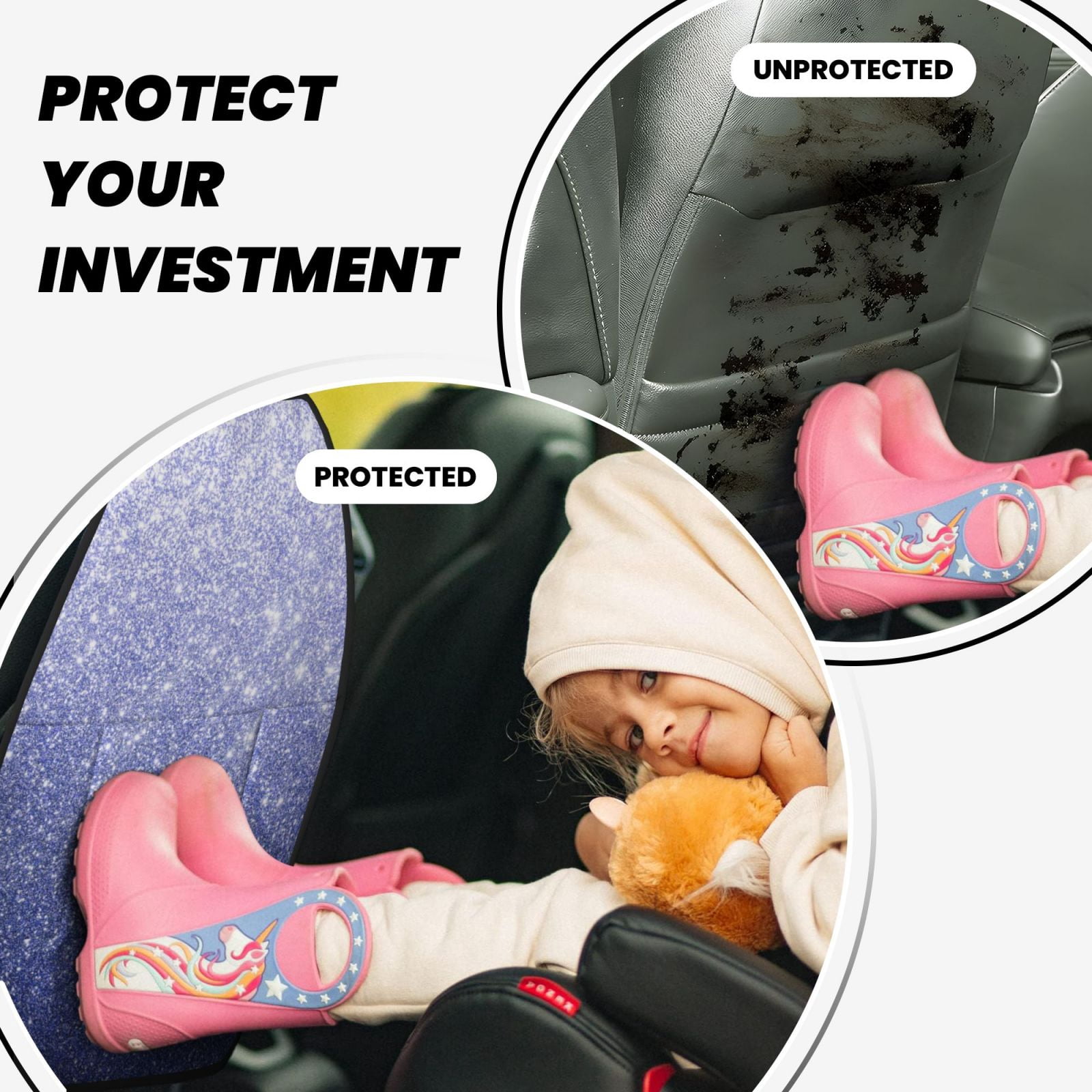 Kdxio Glittering Blue Purple Print 2 Pack Car Kick Mat Seat Cover Back Protector Mat with Pockets for Organizer Backseat Protector and Storage Anti Kick Pad for Vehicles