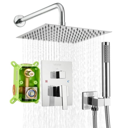 VEVOR Shower Faucet Set, Rainfall Bathroom Shower System with 10-Inch Square Rain Shower Head and Handheld Spray, Wall Mounted Bath Fixtures with Brass Valve and Trim Kit, Silver Chrome