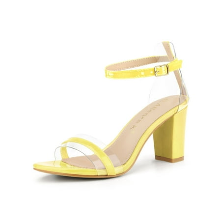 Yellow Ankle Strap - Women's PVC Block Heel Ankle Strap Sandals Yellow (Size 10)