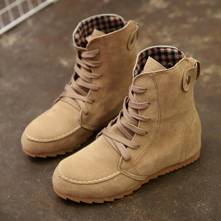 Suede Goth Boots Shoes - DZT1968® Women Flat Ankle Snow Motorcycle Boots Female Suede Leather Lace-Up Boot KH/38