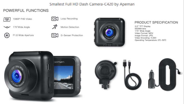 Apeman 1080p Car Camera Driving Recorder Night Vision 170° Wide Angle C420A