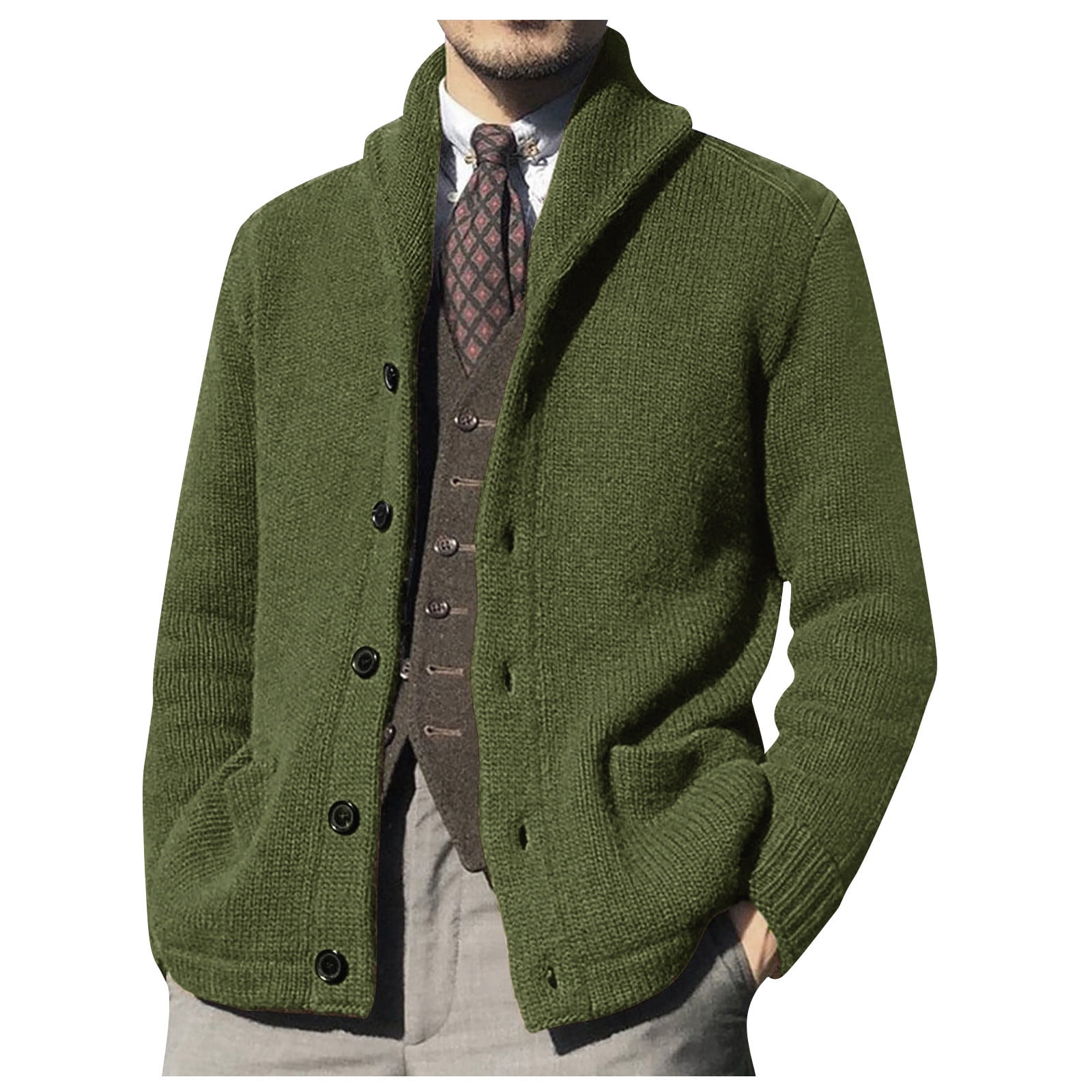 QWERTYU Men's Button Up Cardigan Sweaters Winter Long Sleeve Outwear Coats Army Green L