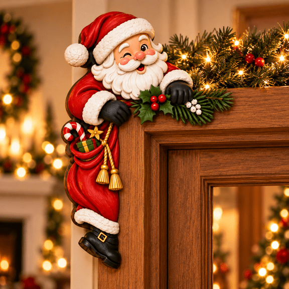 Christmas Peekaboos Door Frame Corner Decor, 2 Piece Wooden Xmas Door Topper Set, Holiday Frame Corner Signs for Doorways, Entryways, Interior Doors, Windows and Living Rooms, Santa Claus Design