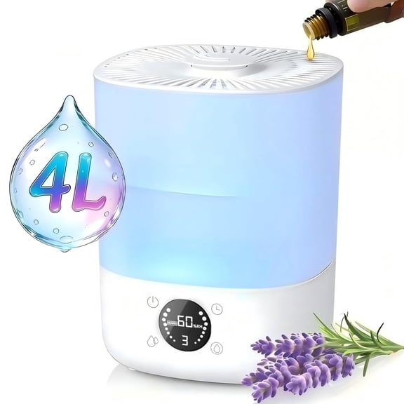 Behome 4L Humidifier for Bedroom with Light, Timer, Adjustable Humidity, 3 Spray Modes, Essential Oil Diffuser, Top-Fill Cool Mist Quiet Humidifier for Home Office