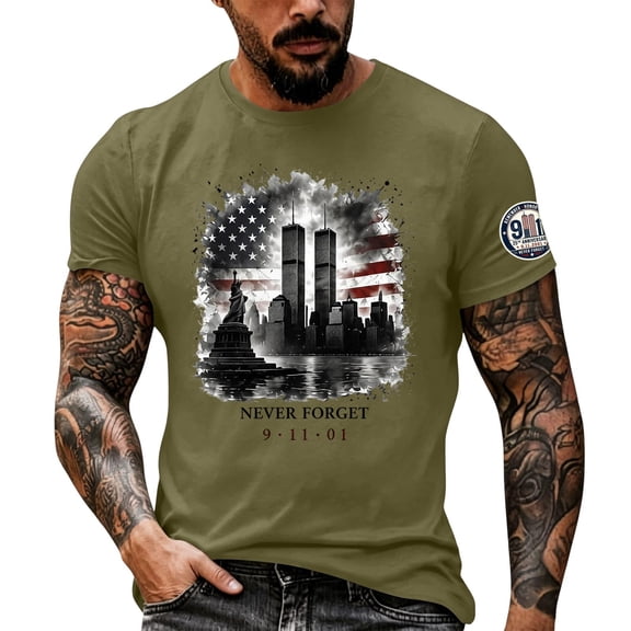 Never Forget 911 Retro USA Tee for Men and Women with Patriot Day Print and Vintage Green Fabric Featuring 9/11 Memorial Tops for Remembrance Events Church Services Army Green L