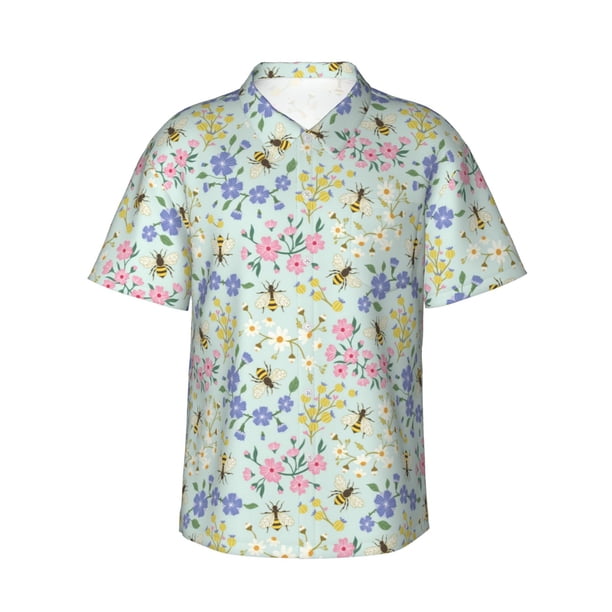 Balery Honey Bees And Flowers Camisas hawaianas de manga corta para hombre, camisas playeras de corte holgado, camisas de vacaciones con botones,3X-Large