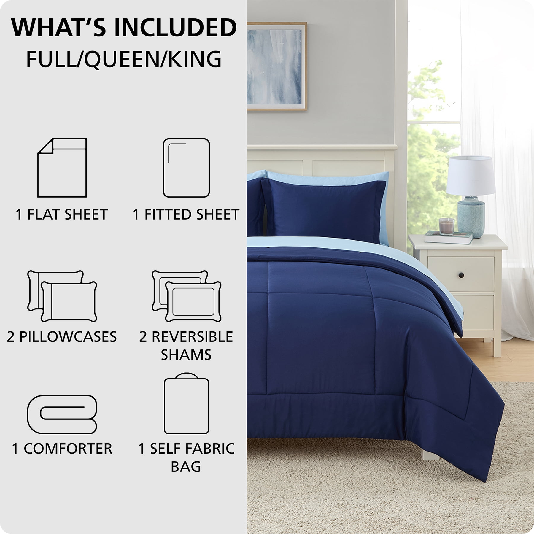 Mainstays All-in-One Reversible Comforter and Sheet Set - 7 Piece, Queen, Navy