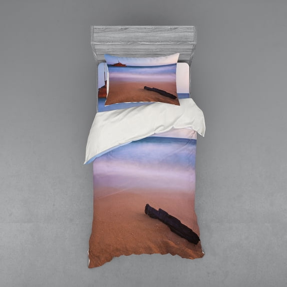 Ambesonne Nautical Bedding Set 3 Pcs, Shipwreck on Sea Dusk, Twin XL, Multicolor