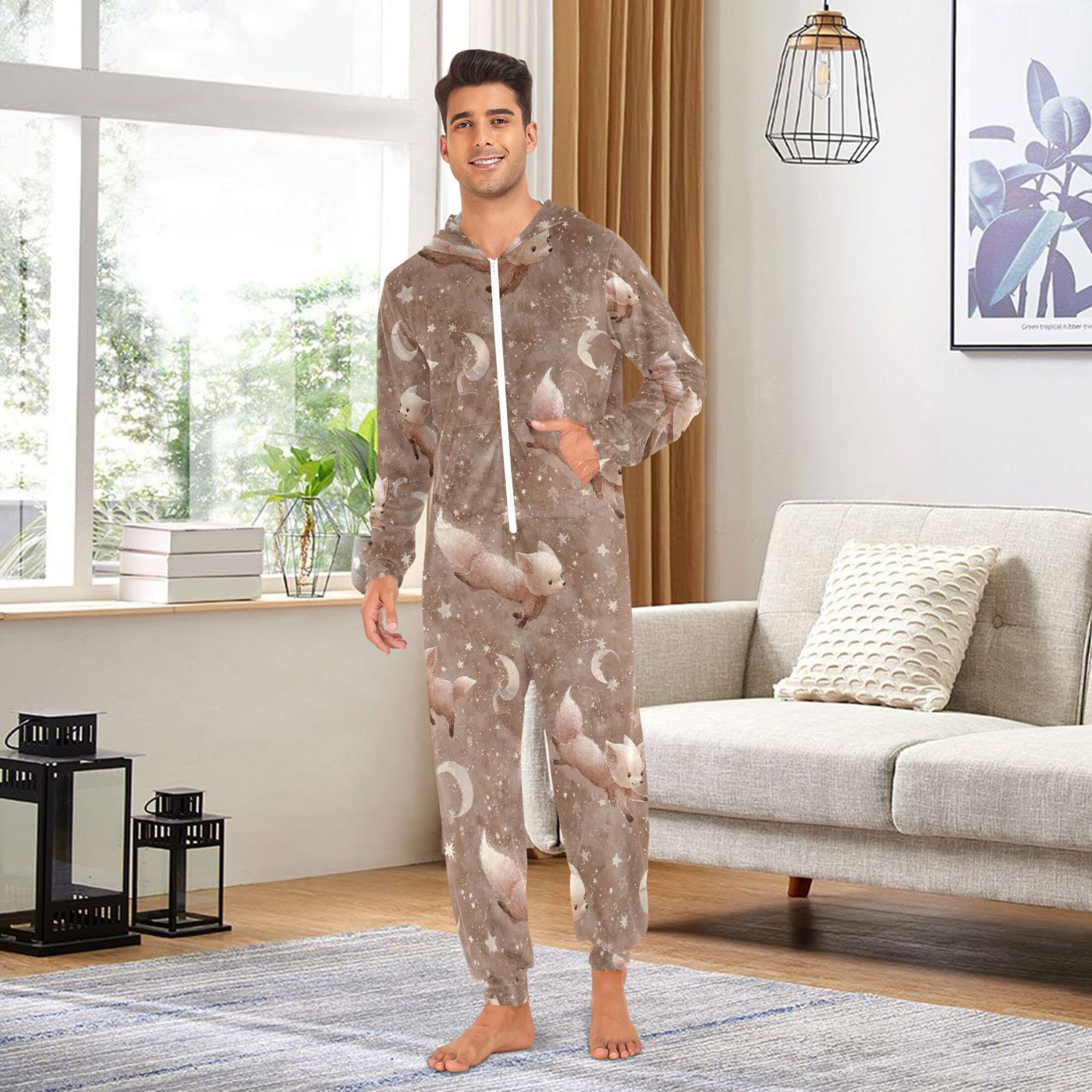 Adult Christmas Onesie Jumping Little Fox Adult Zipper One-Piece Pajamas Unisex Pajamas with Pockets