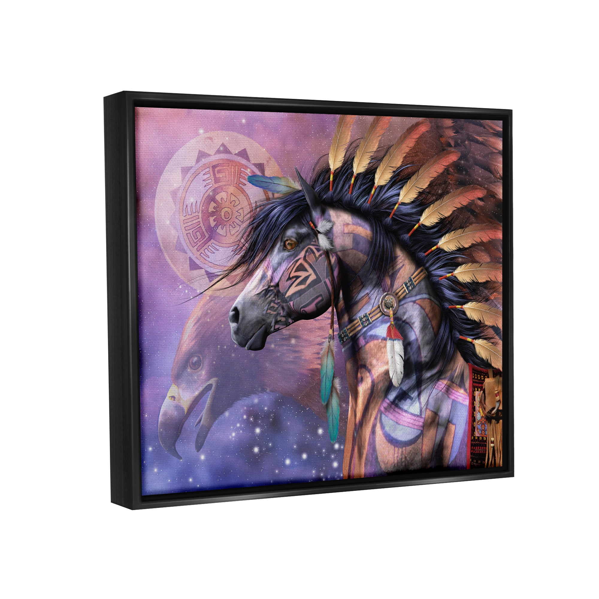 Stupell Industries Shaman Native Horse Animals & Insects Painting Black Floater Framed Canvas Art Print Wall Art, 21 x 17