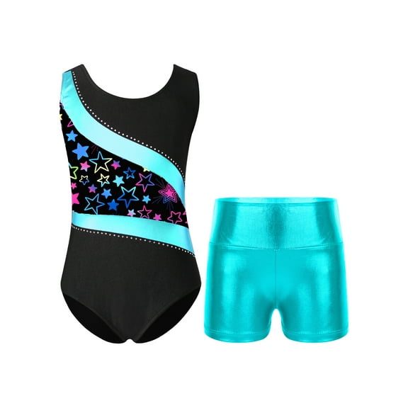 Aislor Girls Sleeveless Printed Patchwork Leotard with Metallic High Waist Shorts Dancewear 6-14 Star Black 8