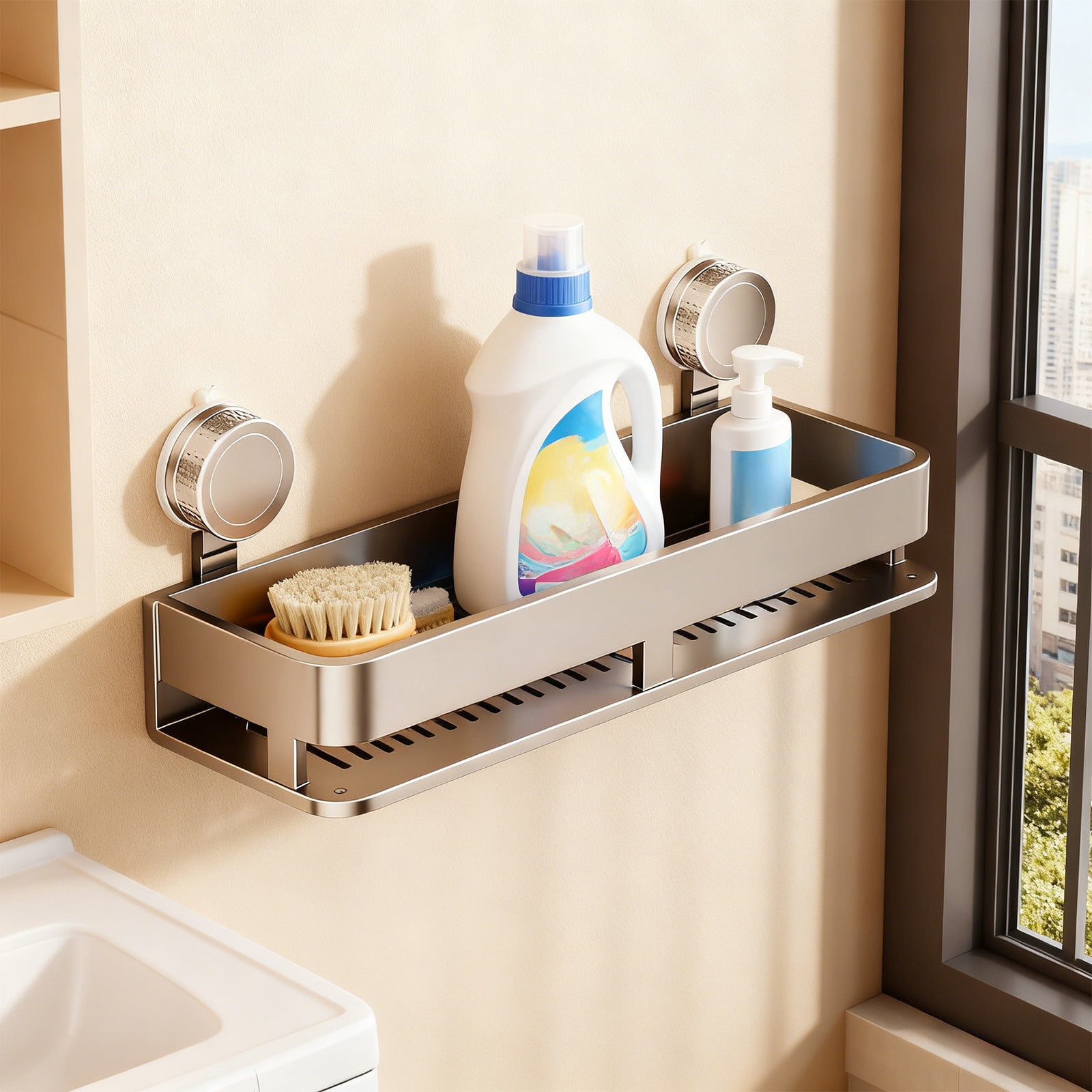Wall Mounted Suction Cup Shelf – No Drill Required Storage Rack for Bathroom, Kitchen, and Bedroom – Versatile, Space-Saving Organizer with Rounded Corners for Safety – Easy One-Second Installation