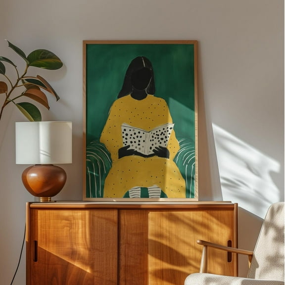 Modern Reading Woman Art, Bold Yellow And Green Wall Art, Minimalist Striped Print, Abstract Cultural Portrait, Wall Art Wall Art, Modern Wall Decor, 8x12 UNFRAMED