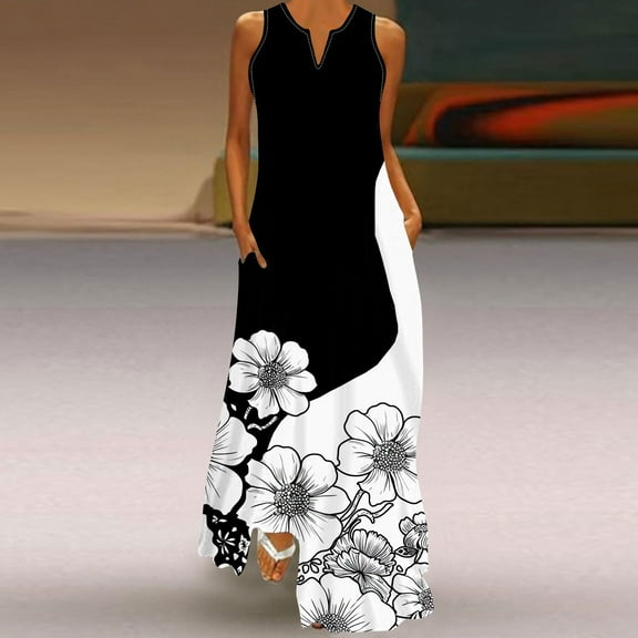 Wycnly Summer Dresses for Women Womens Dresses Beach Loose Pocket Tank Long Dress Womens Elegant Flower Print V-Neck Sleeveless Maxi Sundresses