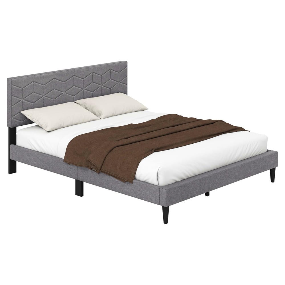 Barara King Queen Size Bedroom Bed Frame with Linen Fabric Upholstered Headboard, Bed Platform Frame for Apartment, Bedroom, Gray