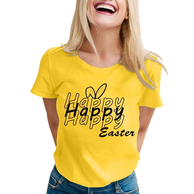 SZXZYGS T-Shirts à Manches Longues pour Femmes, Coupe Ample, Coton, Confortable, Imprimé de Pâques, Col Rond, Manches Courtes, Tunique, Été 2024