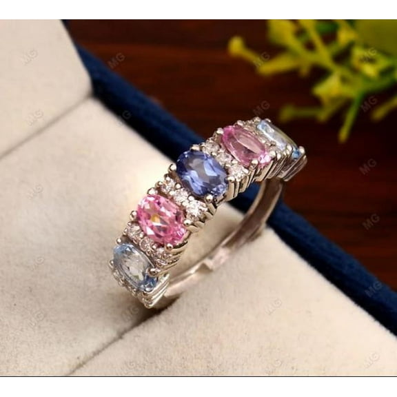 Oval Cut Pink Sapphire Moissanite Halo Wedding Band Blue Sapphire Gemstone Band Five Stone Matching Band Wide Stacking Birthstone Band Gifts