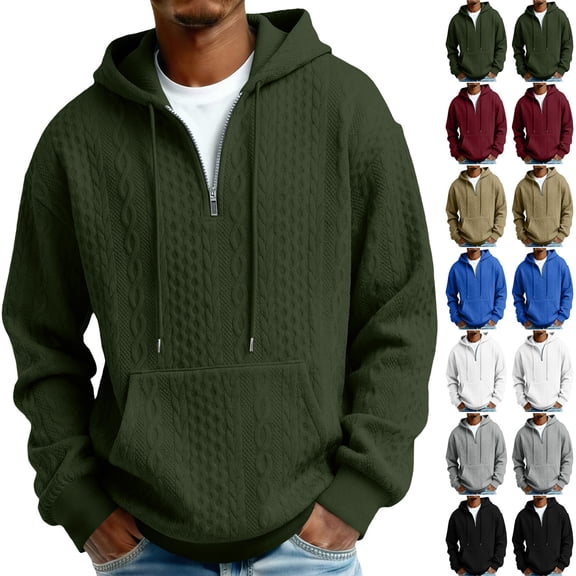 Mens Solid Color Pullover, Cable Knit Long Sleeve Hoodie, Understated Quiet Luxury Style