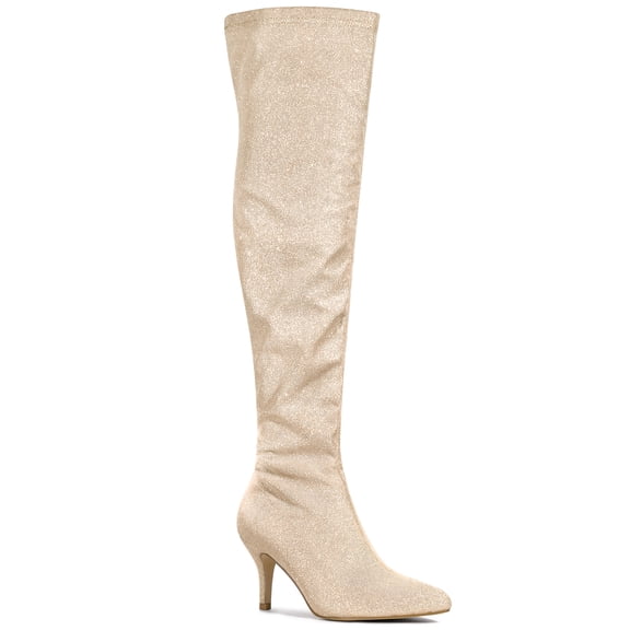 BLISSFUL STEP Women's Glitter Pointed Toe Stiletto Heels Over the Knee High Boots Gold 6