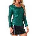 thumbnail image 4 of INSPIRE CHIC Women's Sequin Glitter Tops Cowl Neck Long Sleeve Sparkle Clubwear Blouses XS Dark Green, 4 of 6