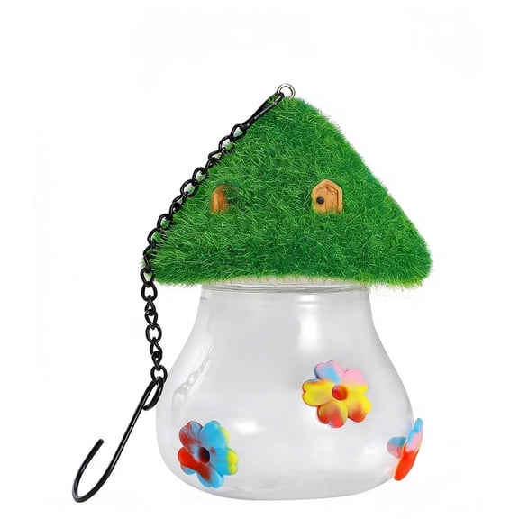 Hanging Hummingbird Feeder, 6.1×3.7 Inch Mushroom House Bird Water Feeder with 3 Silicone Flower Ports, Leak Proof & Water Resistant, Outdoor Garden Patio Decor for Bird Watching