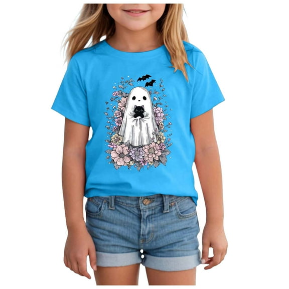 gdxvjhbj Halloween Shirts for Girls Kid Girls Halloween Shirts Cute T-Shirts Spooky Season Tees Outfits Short Sleeve Fall Tops(Purple,2-3 Years)(Blue,3-4 Years)