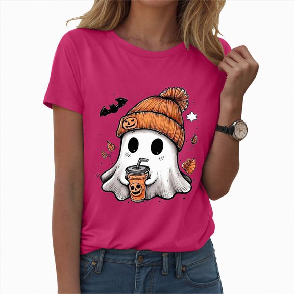 TTUHYWXI Womens Halloween Shirts Spooky Season Short Sleeve T Shirt Halloween Pumpkin Ghost Fall Tee Top Women's Halloween Shirt(Hot Pink,XL)