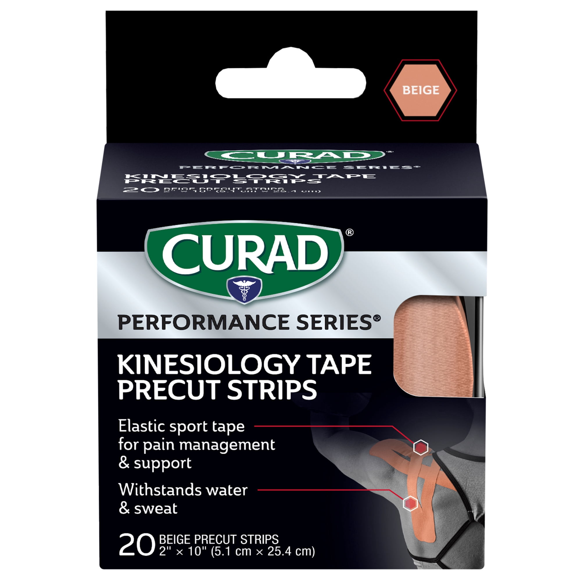 CURAD® Performance Series® Kinesiology Tape, Pain Management Technology, Sweat & Water-Resistant Athletic Tape, Beige, 2 in x 10 in, 1 Roll, 20 Strips