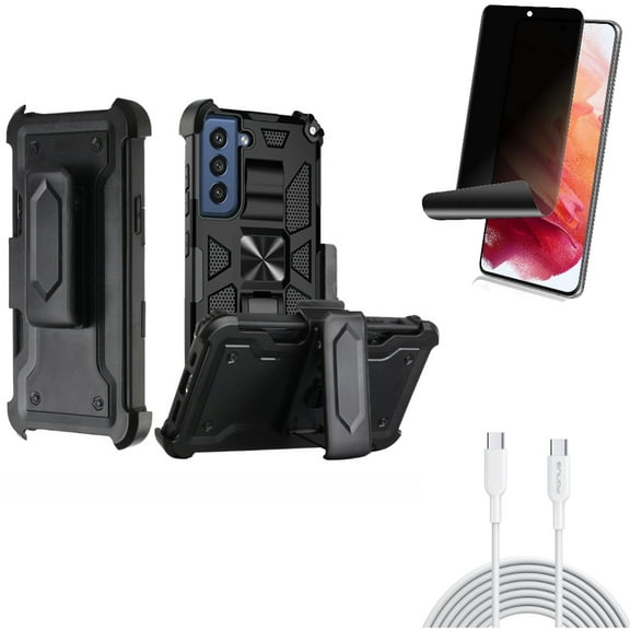 6ft Long Type-C Cable & Case Belt Clip & Privacy Screen Protector for Samsung Galaxy S22 (6.1") - PD Fast Charger Cord Power & Holster Swivel & TPU Film Fingerprint Works Accessory Bundle