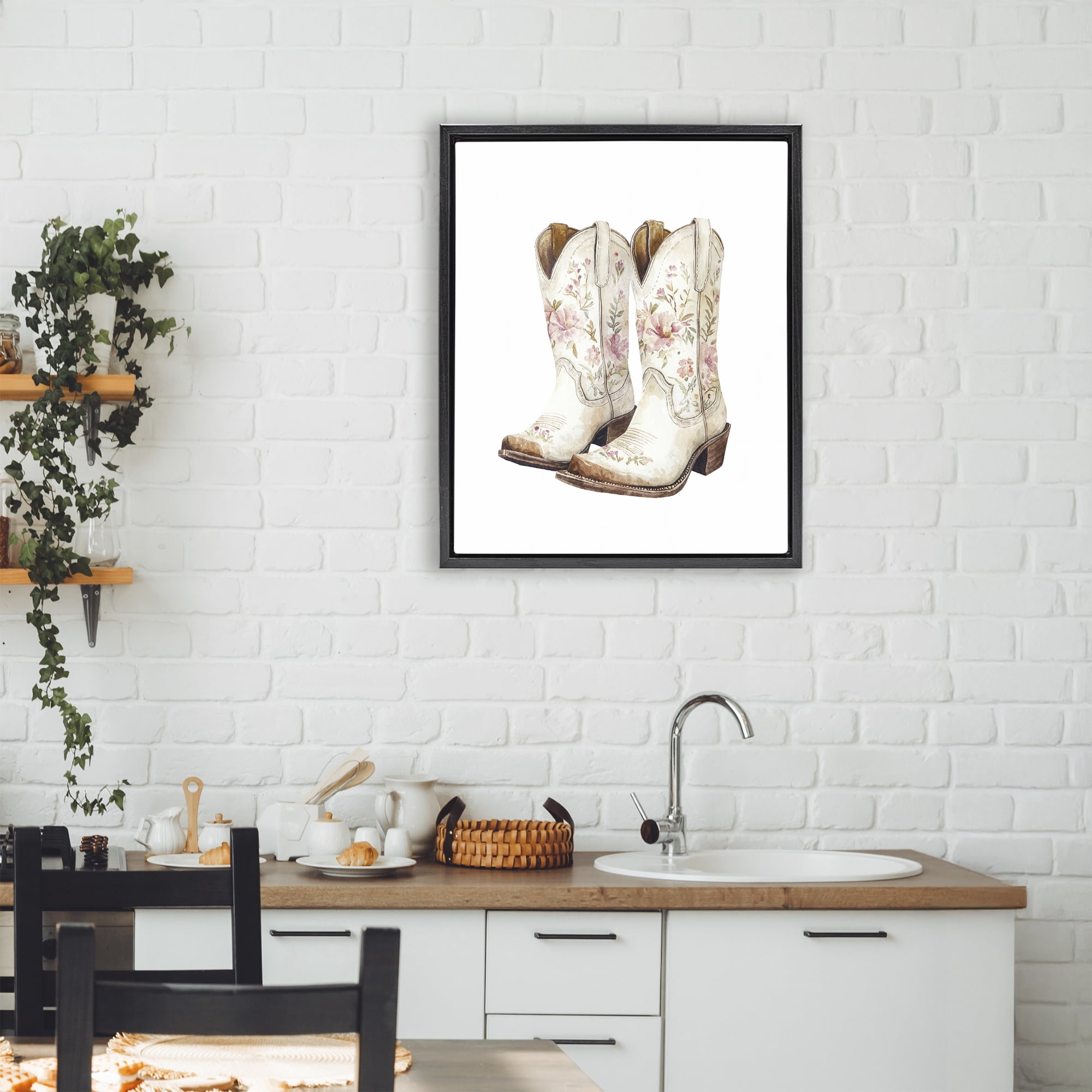Stupell Industries Boots in Bloom Black Framed Floater Canvas Wall Art, design by Svetlana Aleynikova