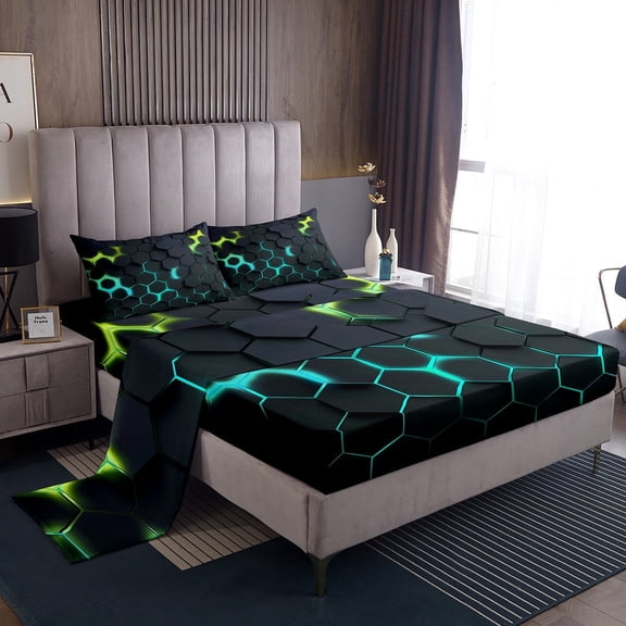 Erosebridal Gradient Cyan Green Honeycomb Bed Sheets Twin , Geometric Hexagon Bedding Sets Twin Size, Black Bedroom Decor 3 Pieces
