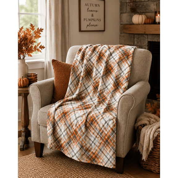 Serafina Home Soft Fall Plaid Throw Blanket, 50" x 60", Orange and Grey Plaid