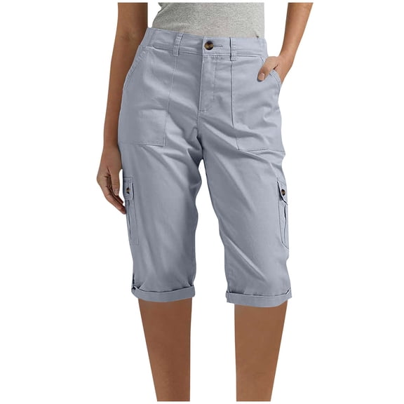 Moxiu Women Capri Pants Summer Casual Hiking Elastic Waist Rolled Hem Stretch Lightweight Cargo Cropped Trousers with Pockets Blue,XXL