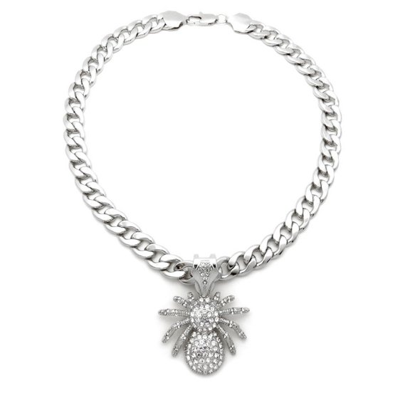 Hip Hop Silver Plated Alloy Full Iced Spider Pendant & 11mm 20" Cuban Chain Necklace