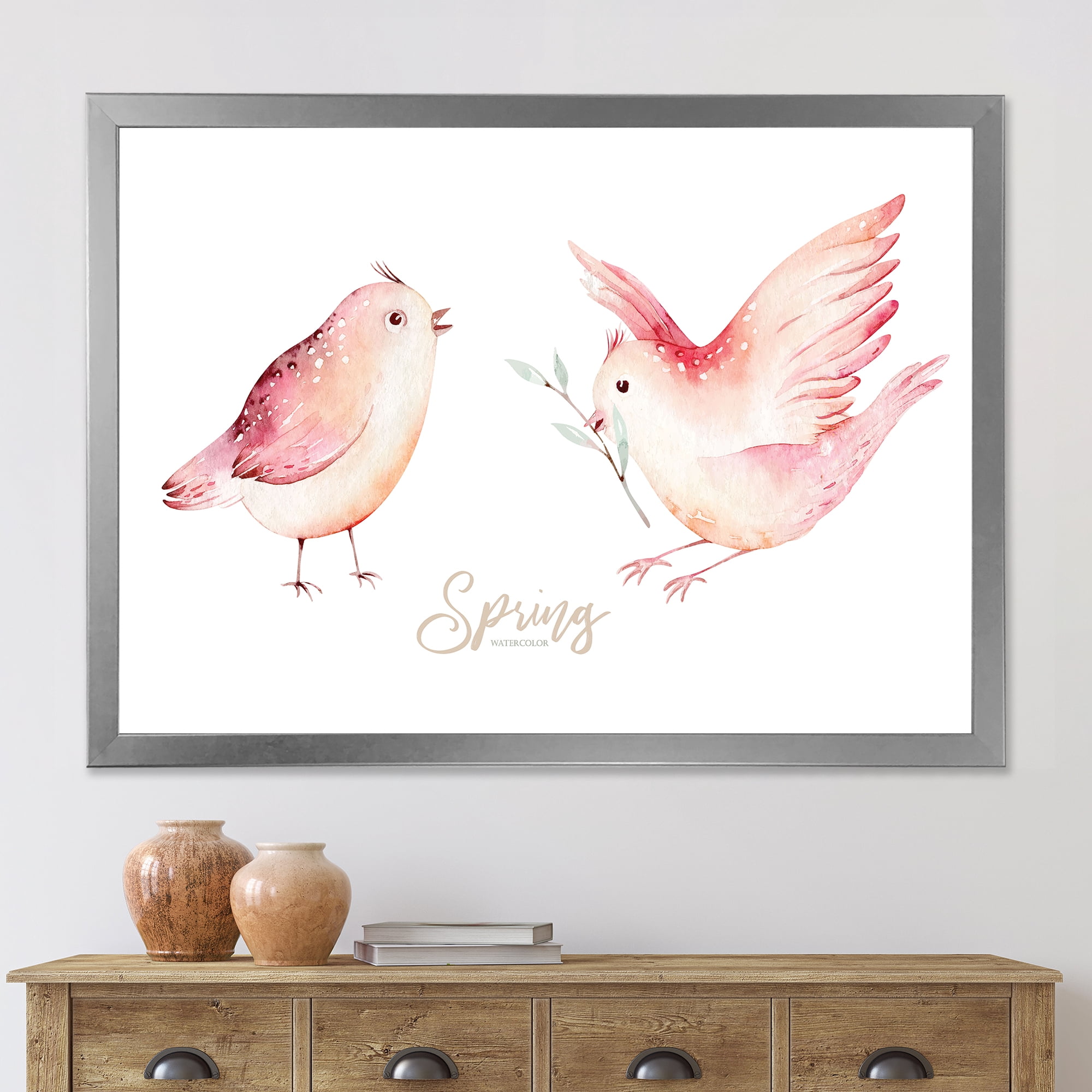 Spring Bird With Green Leaves On White 32 in x 16 in Framed Painting Canvas Art Print, by Designart