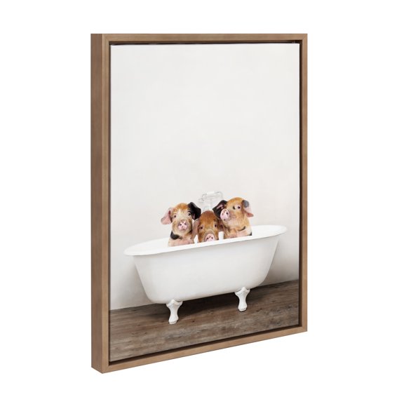 Kate and Laurel Sylvie Three Little Pigs In Vintage Bathtub Framed Canvas Wall Art by Amy Peterson Art Studio, 18x24 Gold, Modern Fun Decorative Bathtub Wall Art for Home Décor