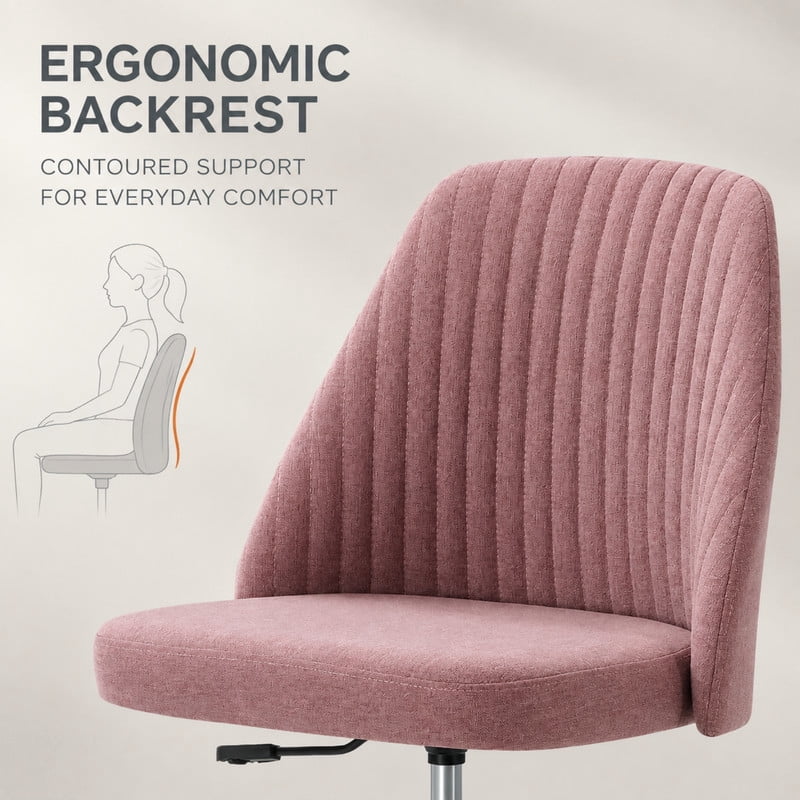 BEAUTYPEAK Armless Vanity Chair Adjustable Swivel Fabric Desk Chair with Padded Seat Wheels Mid-Back Office Chair, Pink