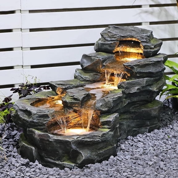 Outdoor Water Fountain Floor Standing Tiers Rock Natural Waterfall Outdoor Fountains with LED Lights for Garden, Patio, Porch